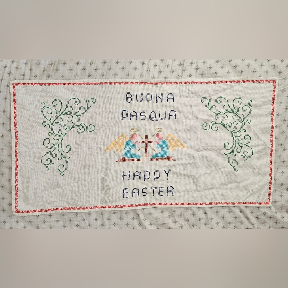 Vintage Hand-Embroidered “Buona Pasqua / Happy Easter” Linen